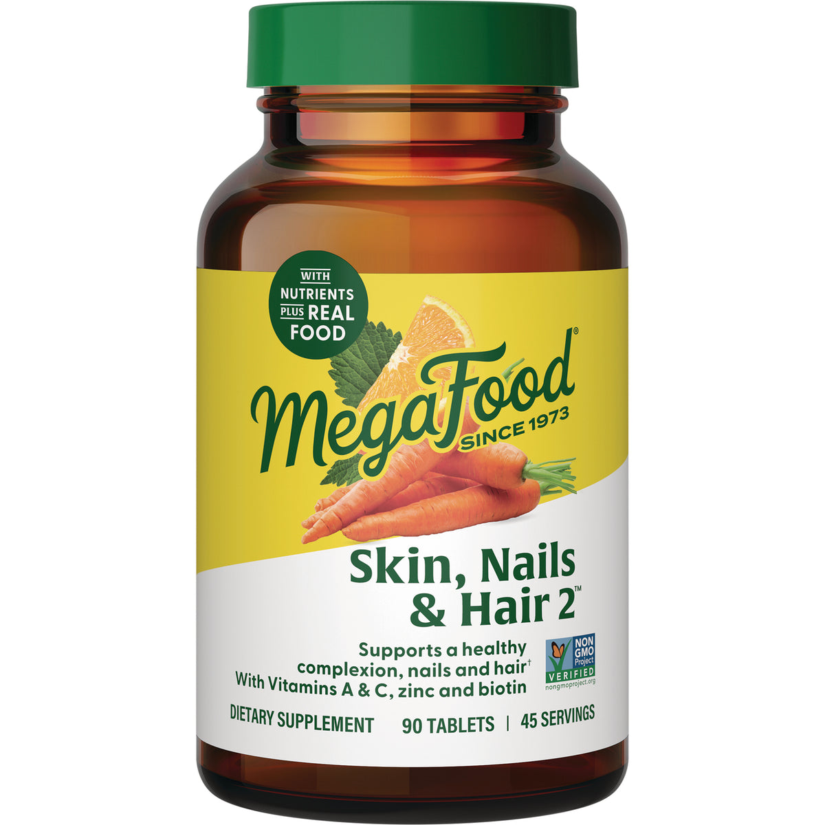 MGF079 | MegaFood Skin, Nails & Hair supplement bottle front label with carrots and orange slice, green cap, 90 tablets