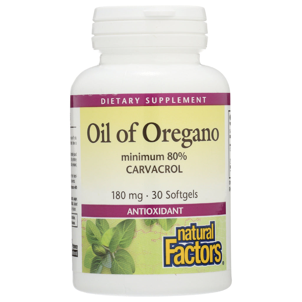 NFC181 | Bottle of Oil of Oregano softgels labeled 180 mg 30 Softgels antioxidant by Natural Factors - Thumbnail