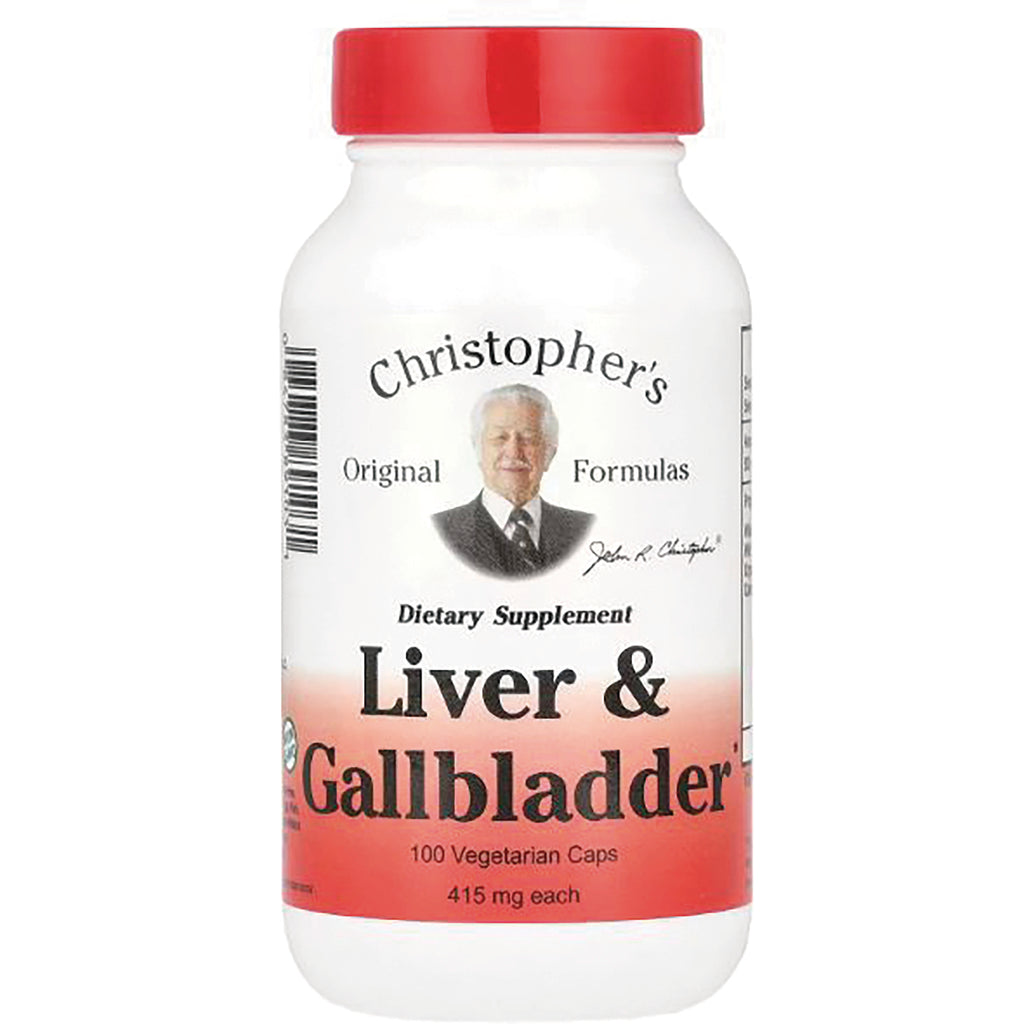 DCR006 | Christopher's Liver & Gallbladder dietary supplement bottle, white with red cap, 100 vegetarian caps 415 mg each - Thumbnail