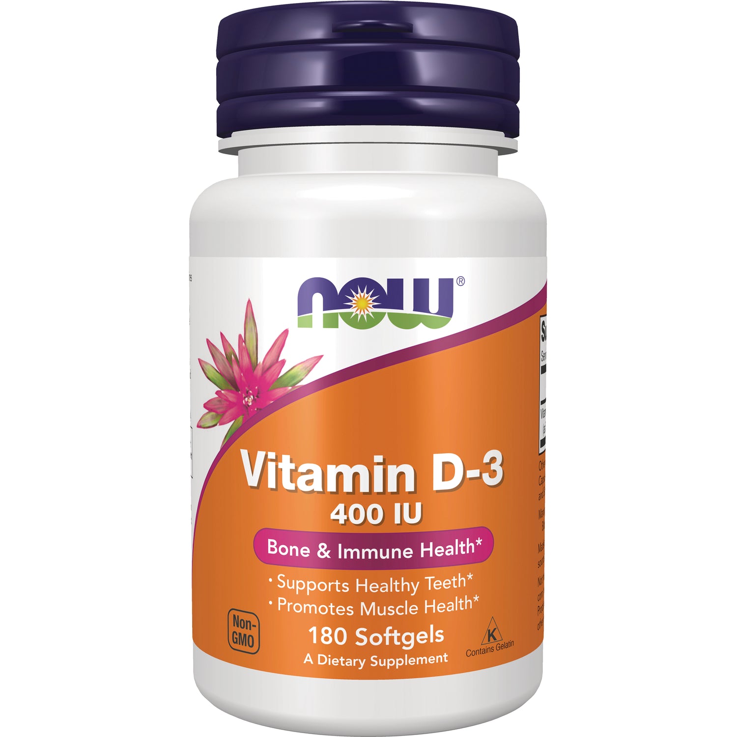 NWF157 | NOW Vitamin D-3 400 IU, 180 softgels bottle with orange label, Bone & Immune Health