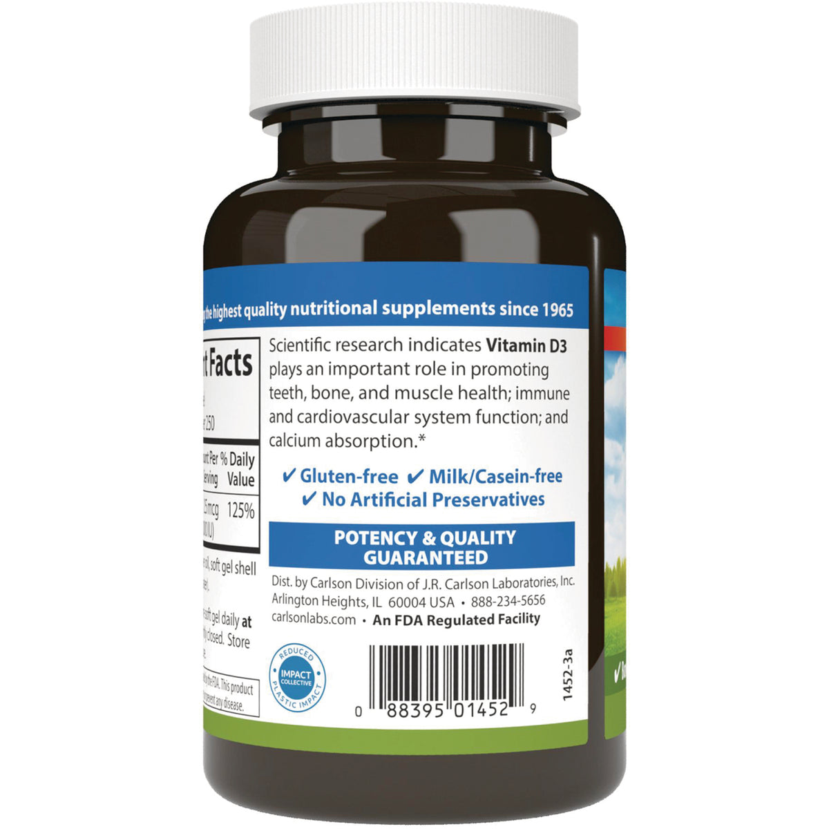 CSN187 | Back label of supplement bottle showing product facts, Vitamin D3 claims, gluten-free and no artificial preservatives, barcode