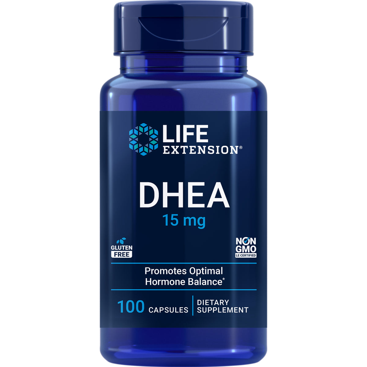 LE134 | Life Extension DHEA 15 mg bottle, 100 capsules dietary supplement label promoting optimal hormone balance