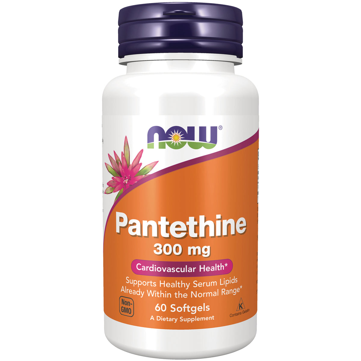 NWF773 | NOW Pantethine 300 mg dietary supplement bottle with orange label, 60 softgels