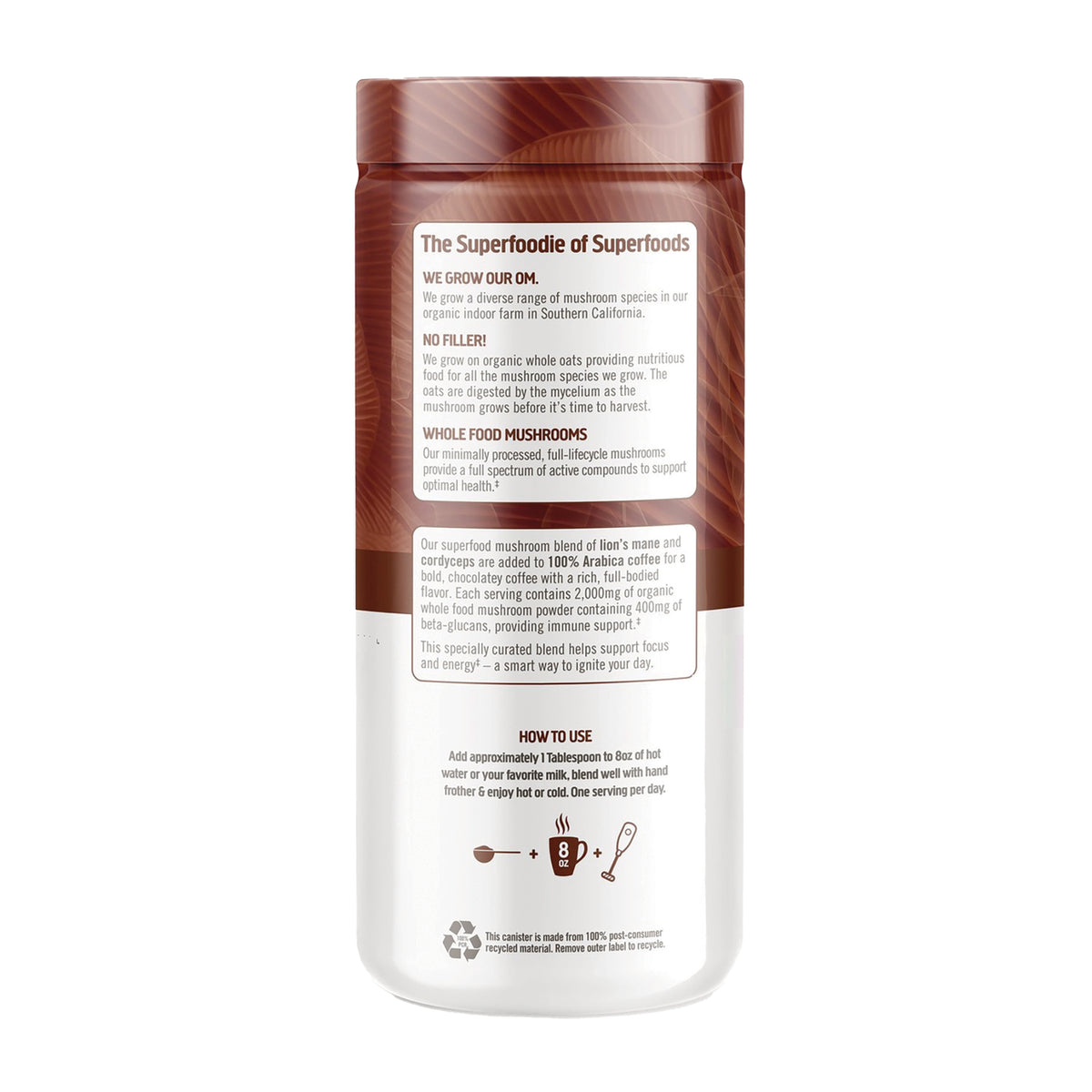 MMX050 | back label of brown and white supplement canister showing product information, how-to-use instructions and recycling symbol
