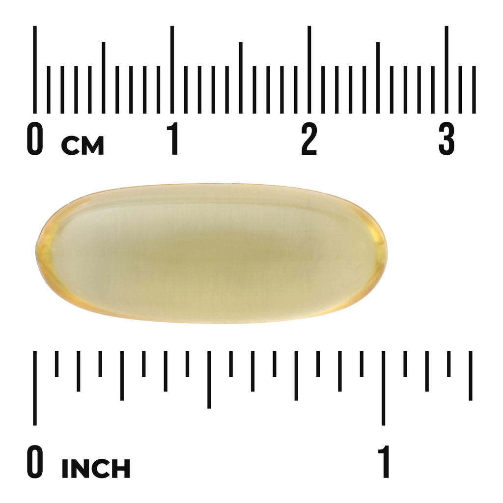 SW1309 | Yellow translucent softgel capsule on centimeter and inch rulers showing size about 2.5 cm - Thumbnail