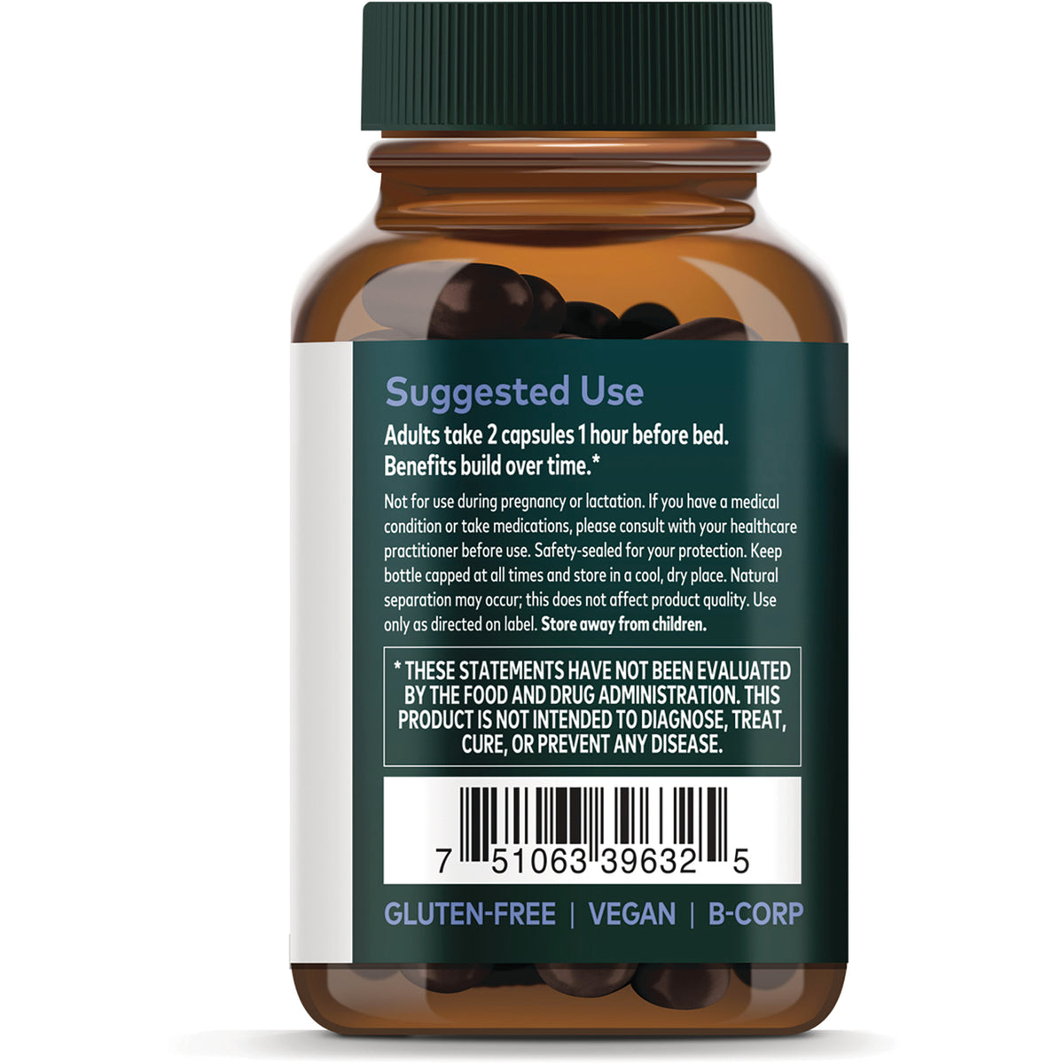 GH023 | Supplement Facts label on amber bottle showing Serving Size 2 Capsules, Herbal Extract Blend and other ingredients
