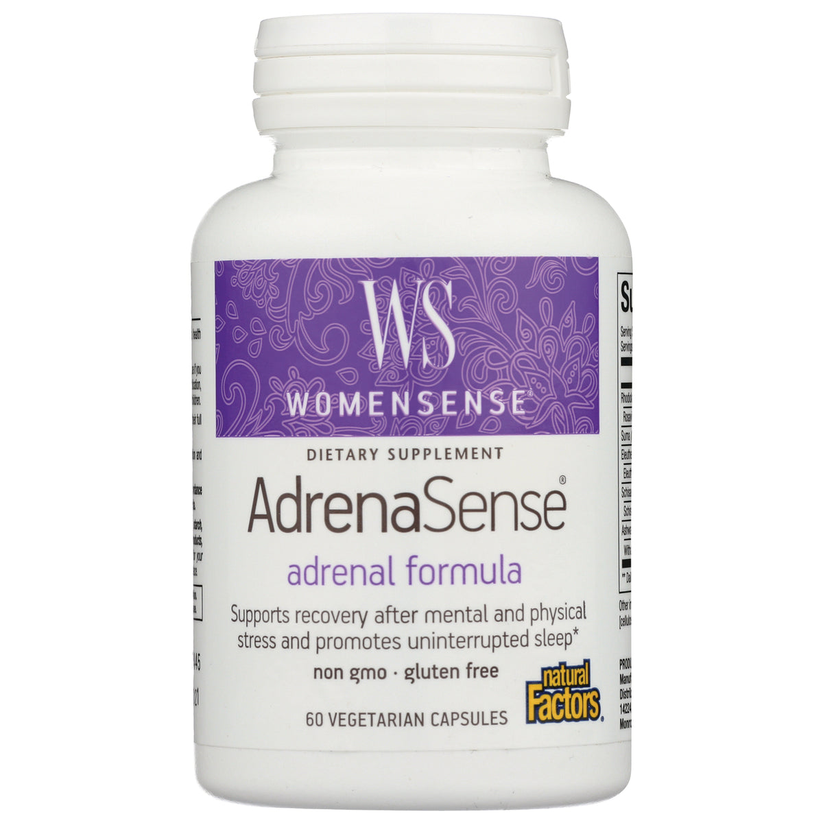 NFC148 | WomenSense AdrenaSense adrenal formula supplement bottle front, 60 vegetarian capsules, non gmo gluten free