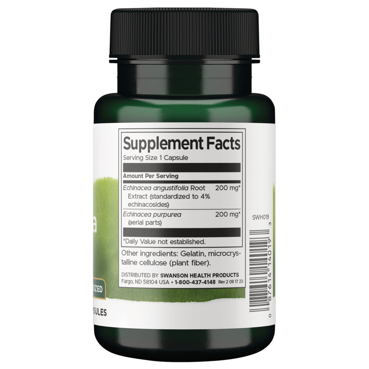 SWH019 | Back label with Supplement Facts and other ingredients for Echinacea capsules