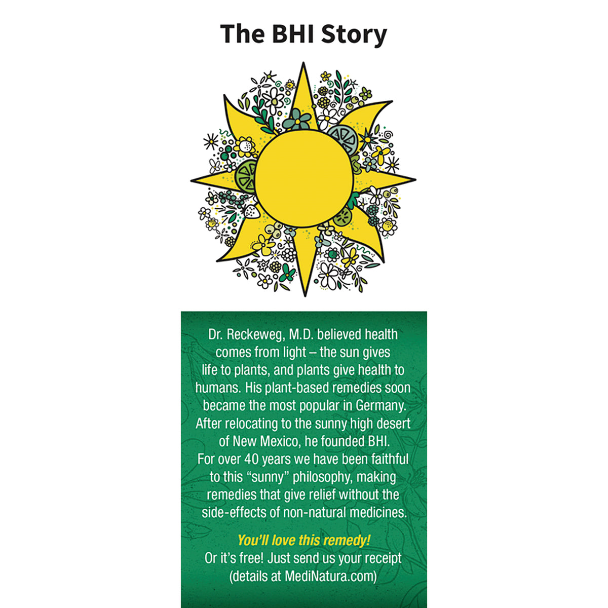 MNA031 | back panel of product box titled The BHI Story with company history text on green and white background