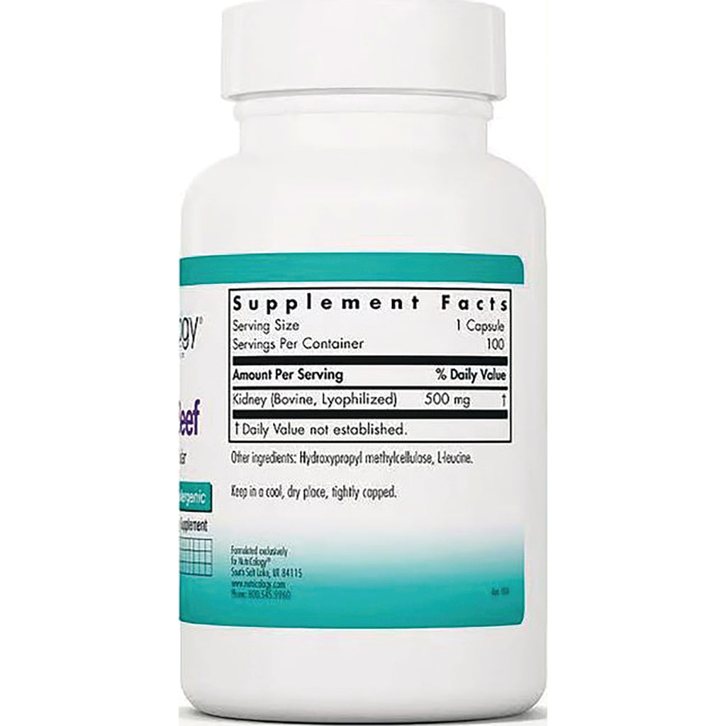 NCL091 | back label showing Supplement Facts panel listing serving size 1 capsule, kidney (bovine) 500 mg and other ingredients - Thumbnail