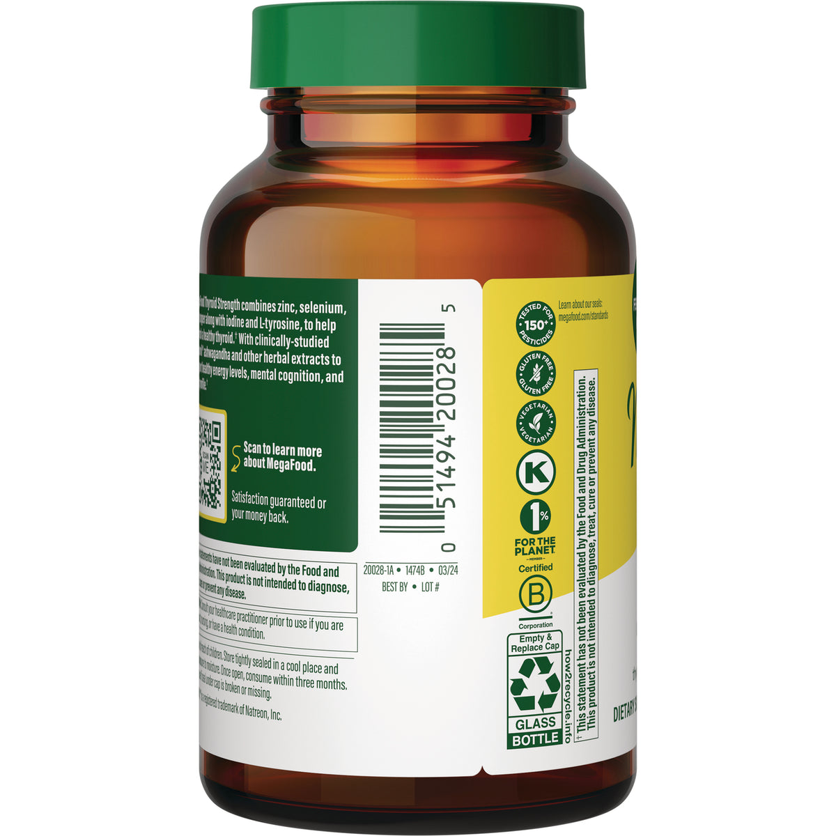 MGF030 | Back of amber supplement bottle showing barcode, certification icons, label text and green cap