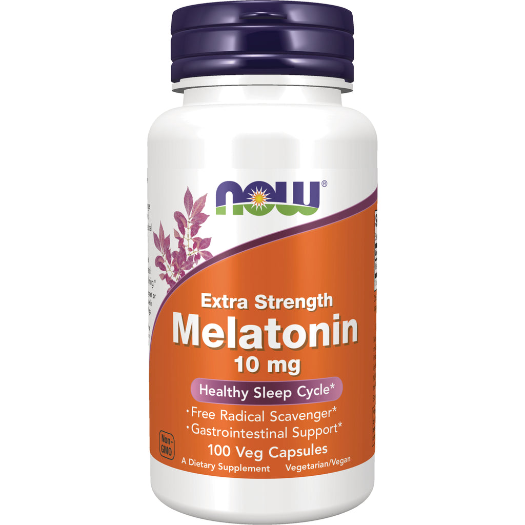 NWF1340 | NOW Extra Strength Melatonin 10 mg white bottle with orange label, 100 veg capsules - Thumbnail