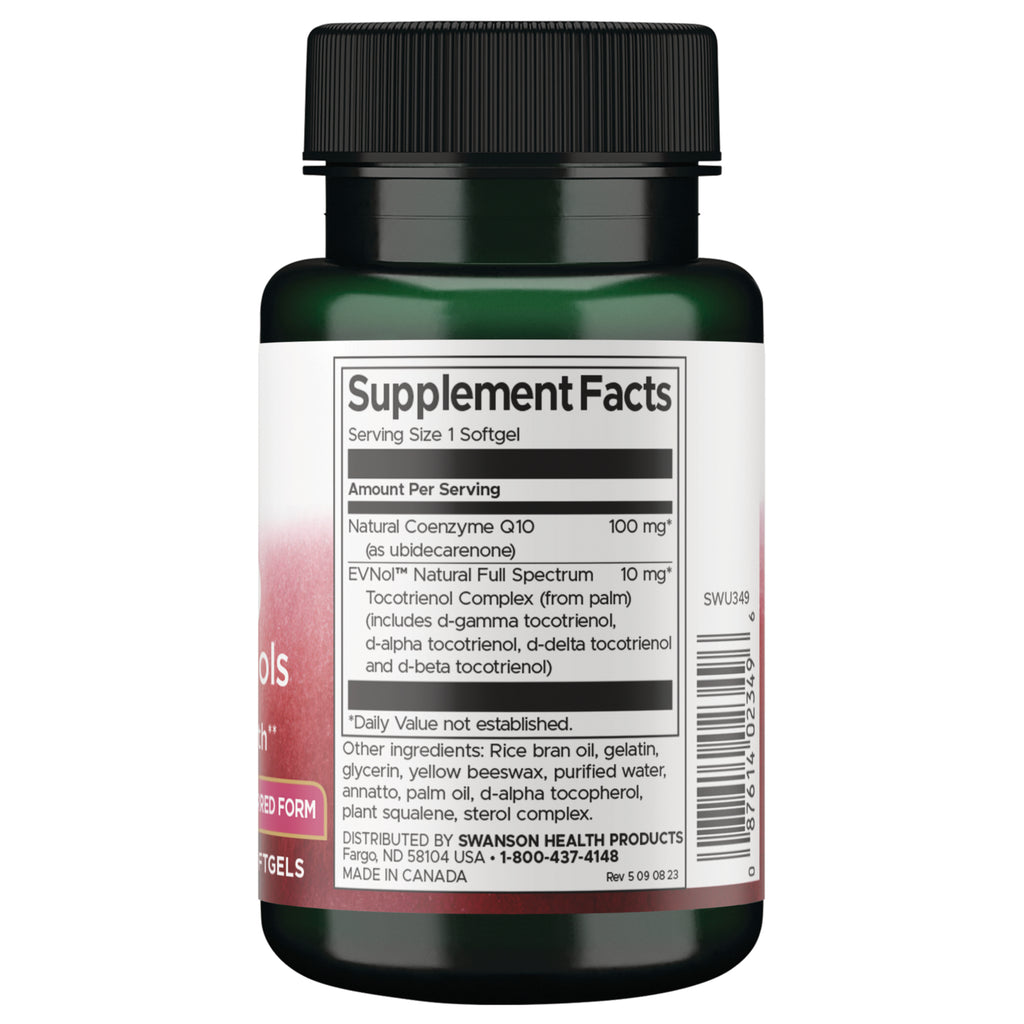 SWU349 | Back label Supplement Facts: serving size 1 softgel, CoQ10 100 mg, EVNol tocotrienol complex 10 mg - Thumbnail