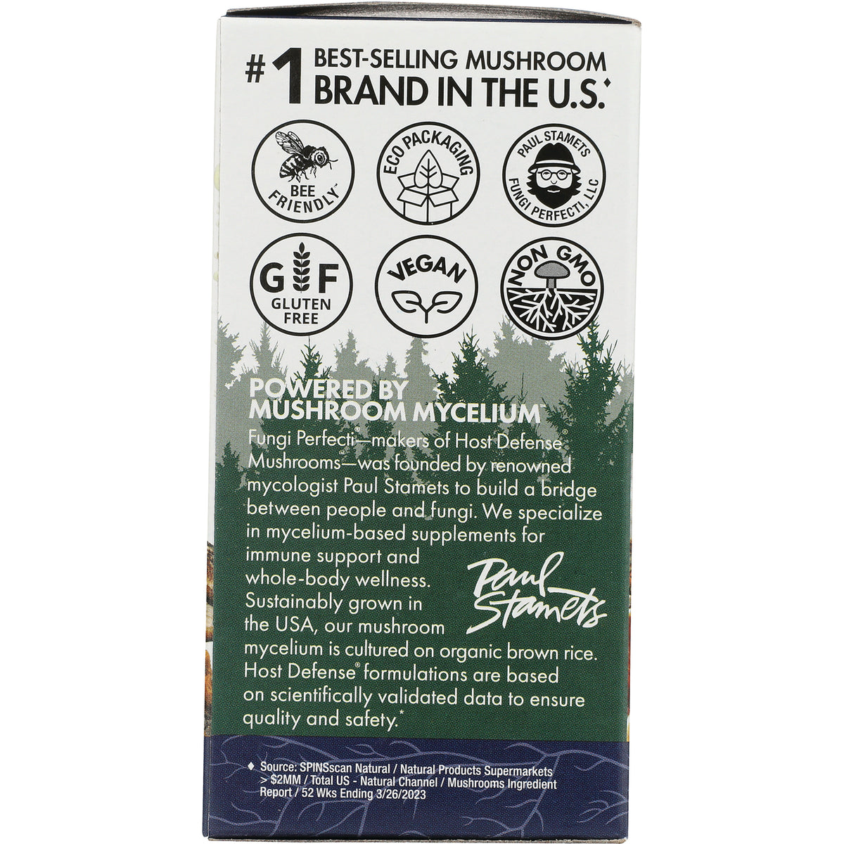 FUN003 | Product infographic panel with certification icons and text Powered by Mushroom Mycelium and brand description