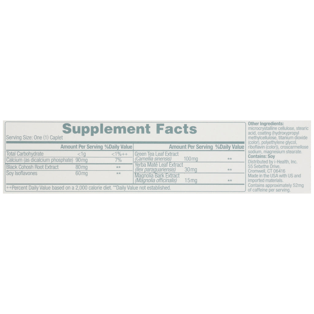 AFB001 | Supplement Facts panel showing serving size one caplet and ingredients including green tea leaf extract, calcium, soy - Thumbnail