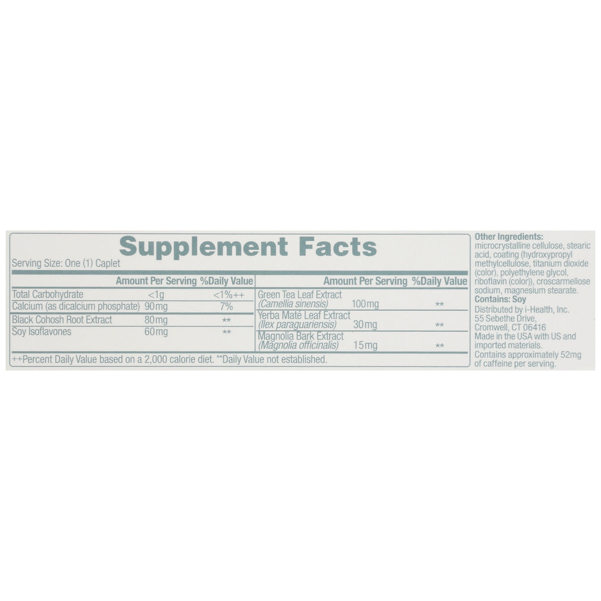 AFB001 | Supplement Facts panel showing serving size one caplet and ingredients including green tea leaf extract, calcium, soy