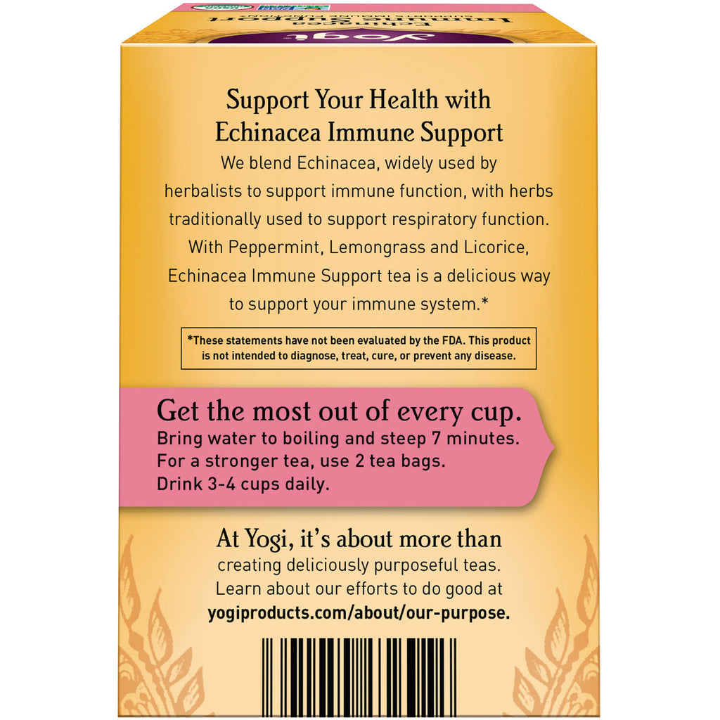 AHW021 | Back of Yogi Echinacea Immune Support tea box with steeping directions and barcode - Thumbnail