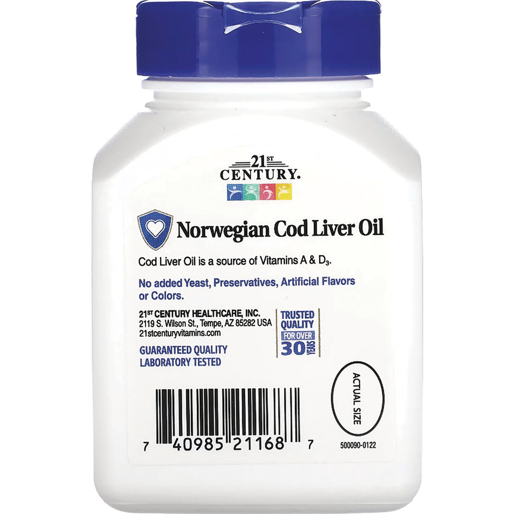 CNT111 | Norwegian Cod Liver Oil bottle label showing product name, claims, barcode and actual size circle - Thumbnail