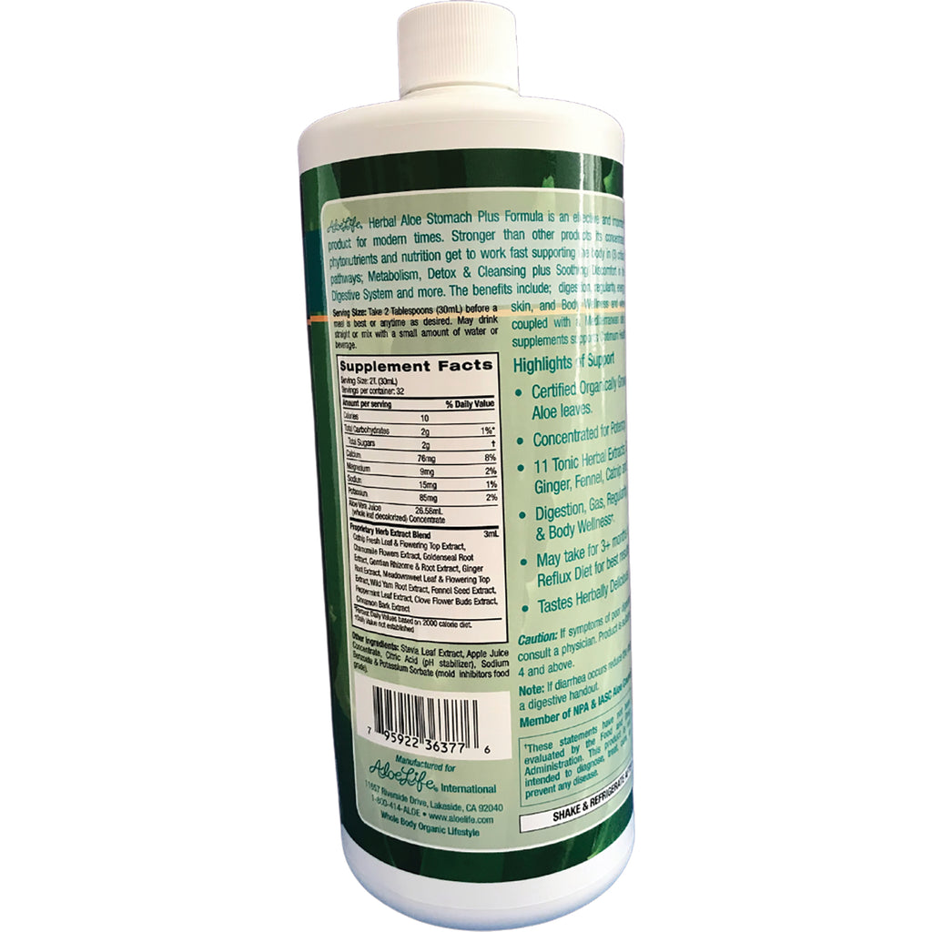 ALI004 | Back label with Supplement Facts and highlights on Herbal Aloe Stomach Plus Formula bottle - Thumbnail