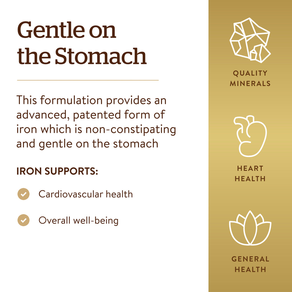 SLG228 | Back panel Gentle on the Stomach describing non-constipating iron with heart and general health icons - Thumbnail