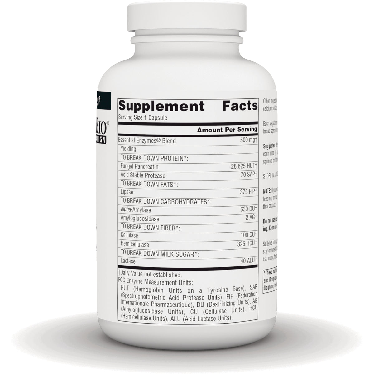 SN199 | Back label with Supplement Facts panel and Essential Enzymes blend details