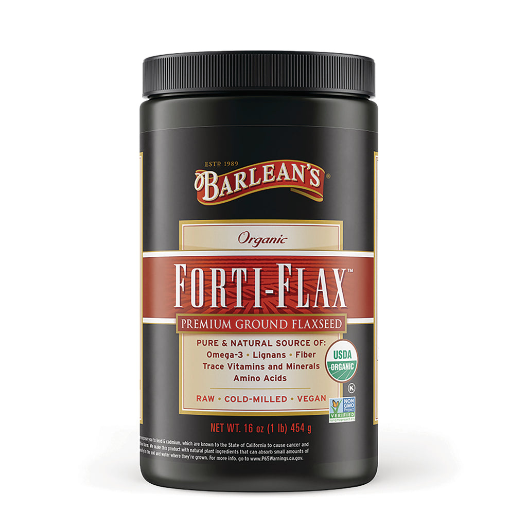 BAR007 | Barlean's Forti-Flax premium ground flaxseed black jar with 'Forti-Flax' label and USDA Organic seal - Thumbnail