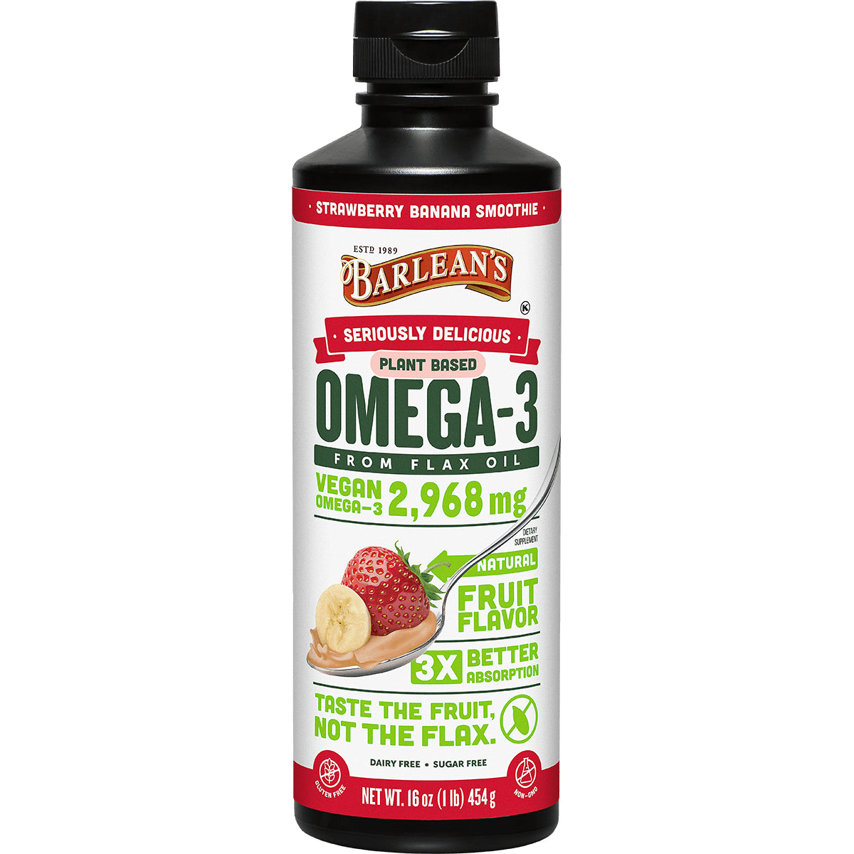 BAR009 | Barlean's plant-based Omega-3 from flax oil, strawberry banana smoothie flavor bottle, 16 oz