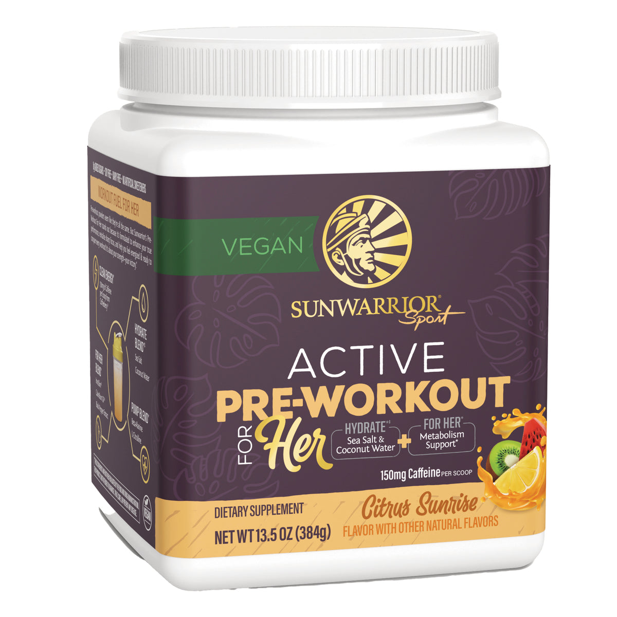 SNW057 | Sunwarrior Sport Active Pre-Workout For Her, Citrus Sunrise, vegan powder, 13.5 oz jar, 150 mg caffeine