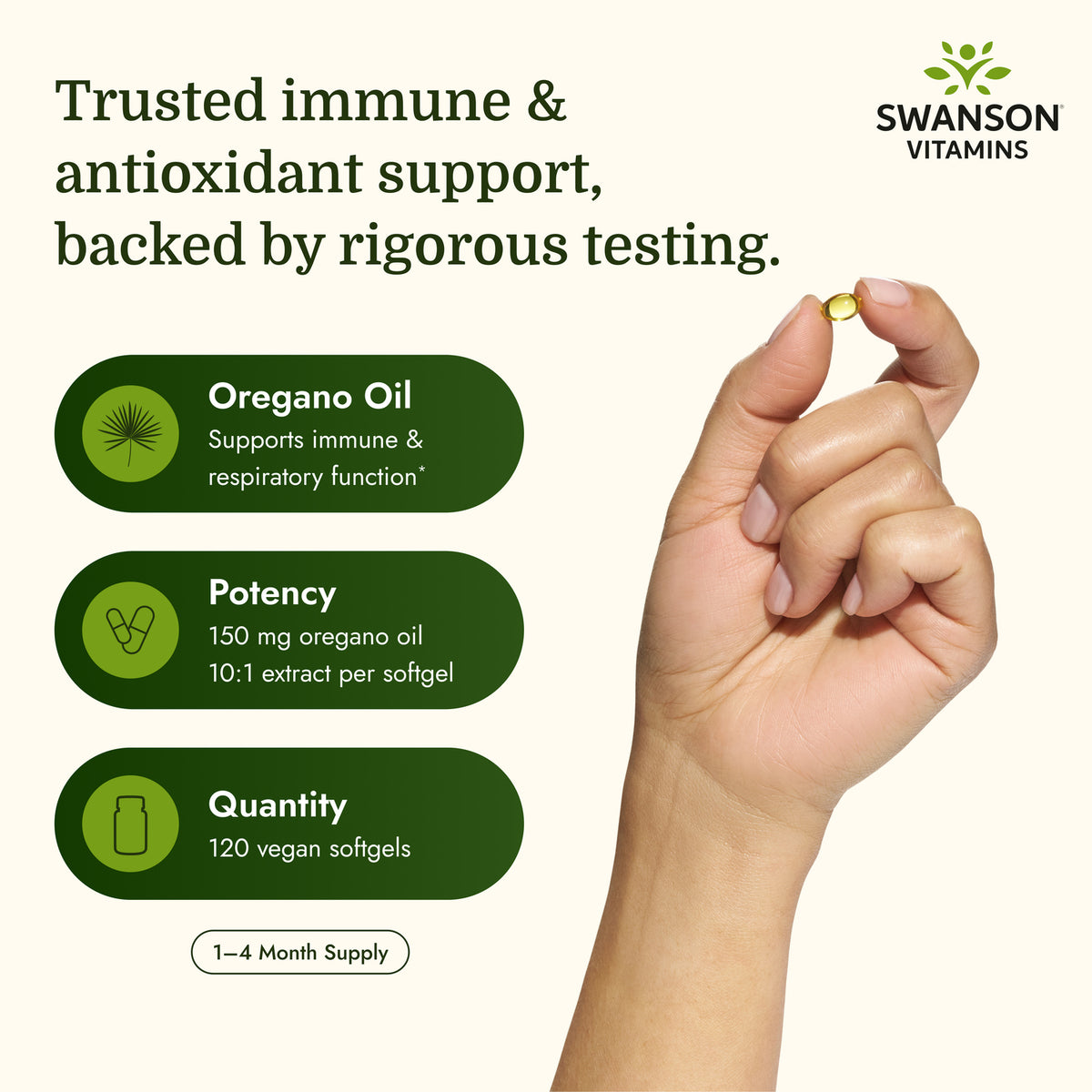SW1016 | Oregano Oil infographic highlighting immune support, potency, quantity, and 1–4 month supply