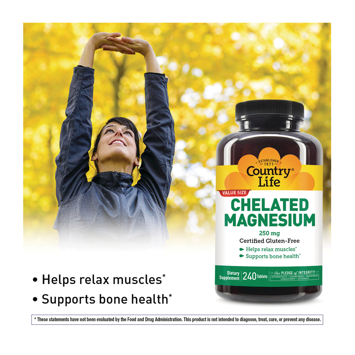 CRL650 | Woman stretching outdoors next to Country Life Chelated Magnesium 250 mg bottle with text Helps relax muscles, Supports bone health