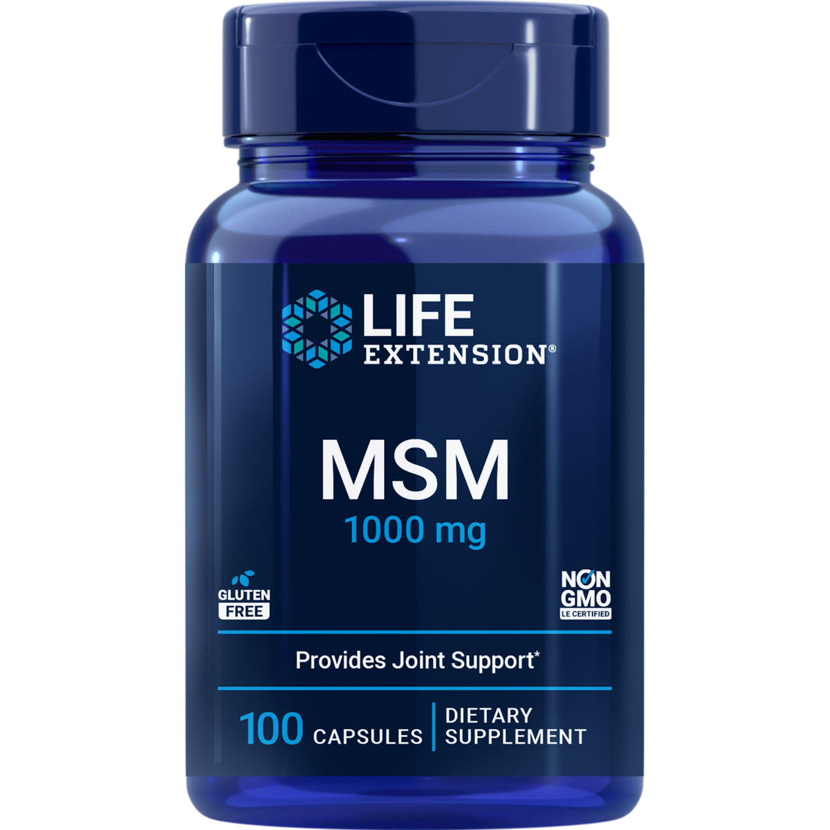 LE158 | Blue Life Extension bottle of MSM 1000 mg dietary supplement, 100 capsules, provides joint support
