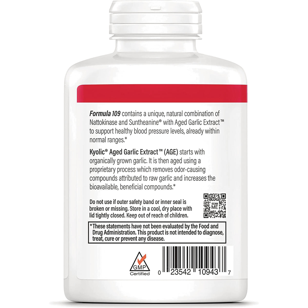 KY140 | Back label of supplement bottle showing Formula 109 description, Kyolic Aged Garlic Extract (AGE) text, warnings, barcode and GMP certified logo