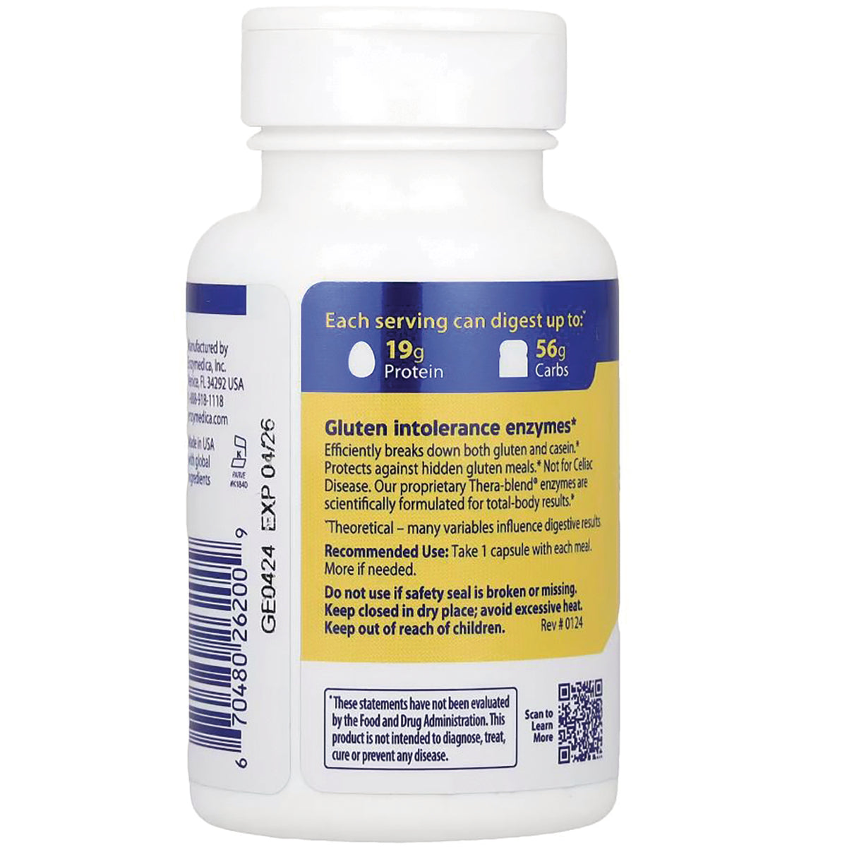 EMD012 | Back of white supplement bottle showing label Gluten intolerance enzymes, 19g protein and 56g carbs icons, barcode and QR