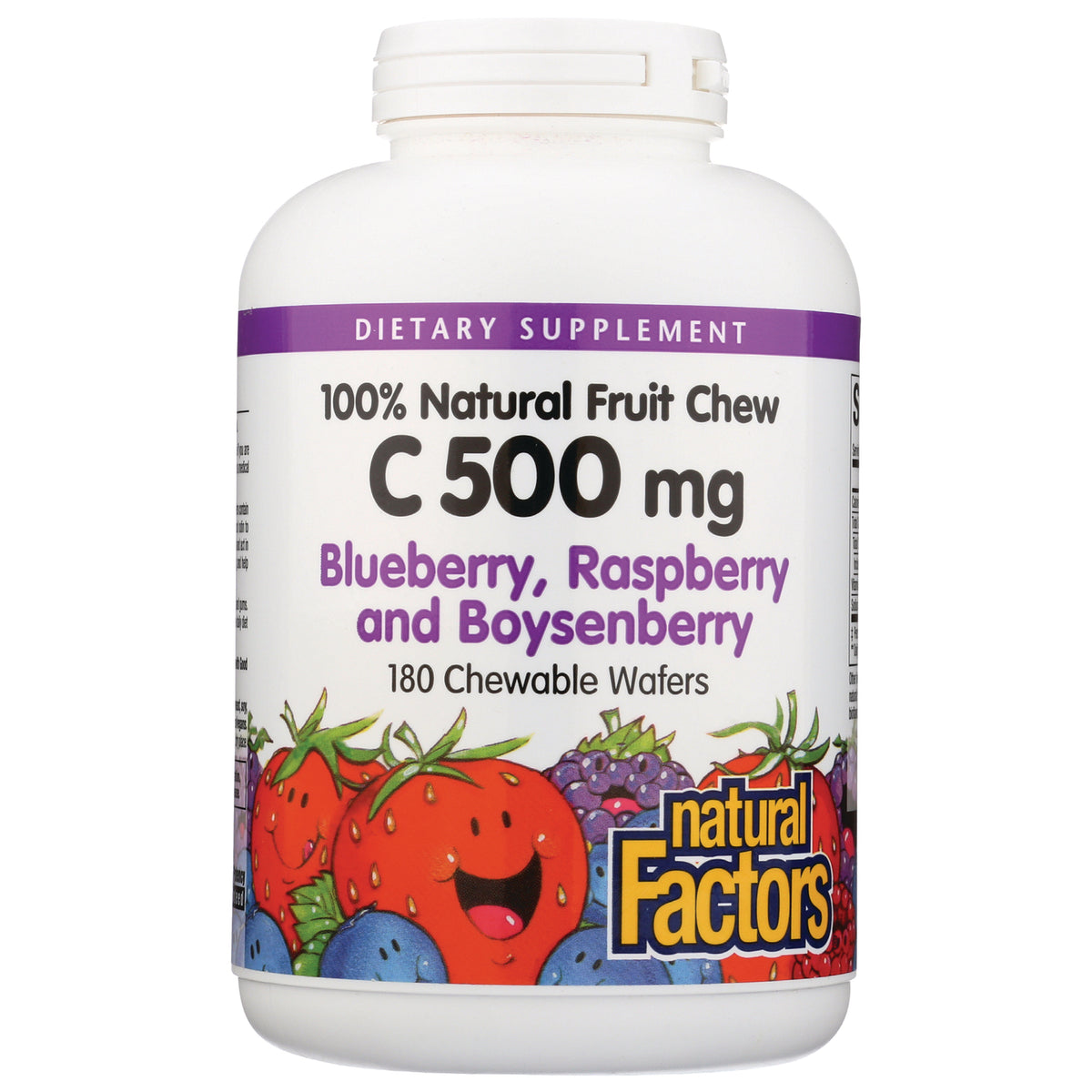NFC091 | white Natural Factors bottle labeled C 500 mg blueberry, raspberry and boysenberry 180 chewable wafers