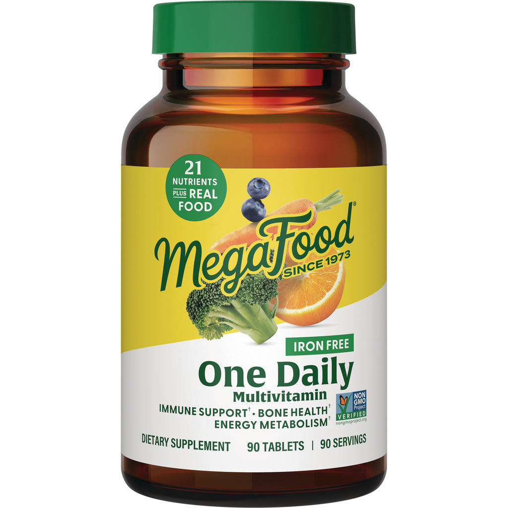 MGF010 | Front view of MegaFood One Daily multivitamin bottle with green cap and yellow label showing broccoli, orange, and blueberries - Thumbnail