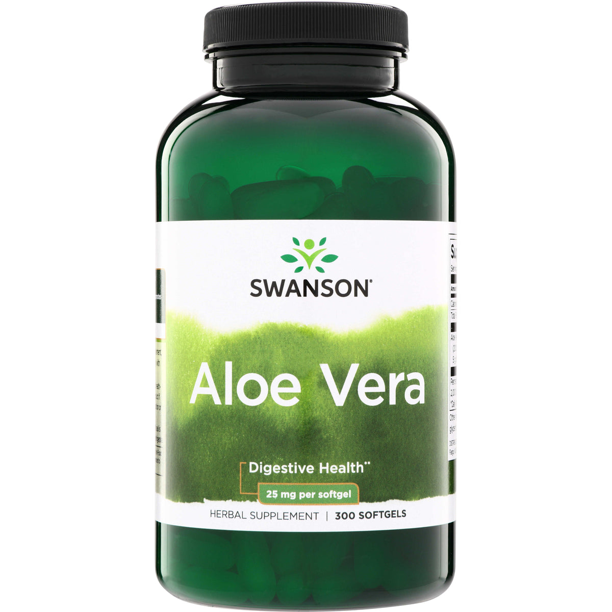 SWH162 | Swanson Aloe Vera supplement bottle, 25 mg per softgel, 300 softgels for digestive health