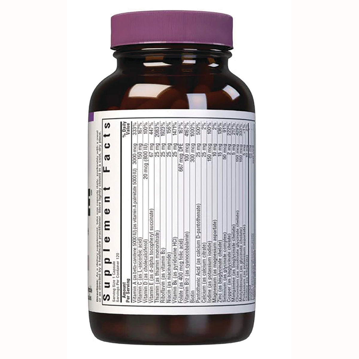 BLU102 | Back of amber supplement bottle with purple cap showing Supplement Facts label