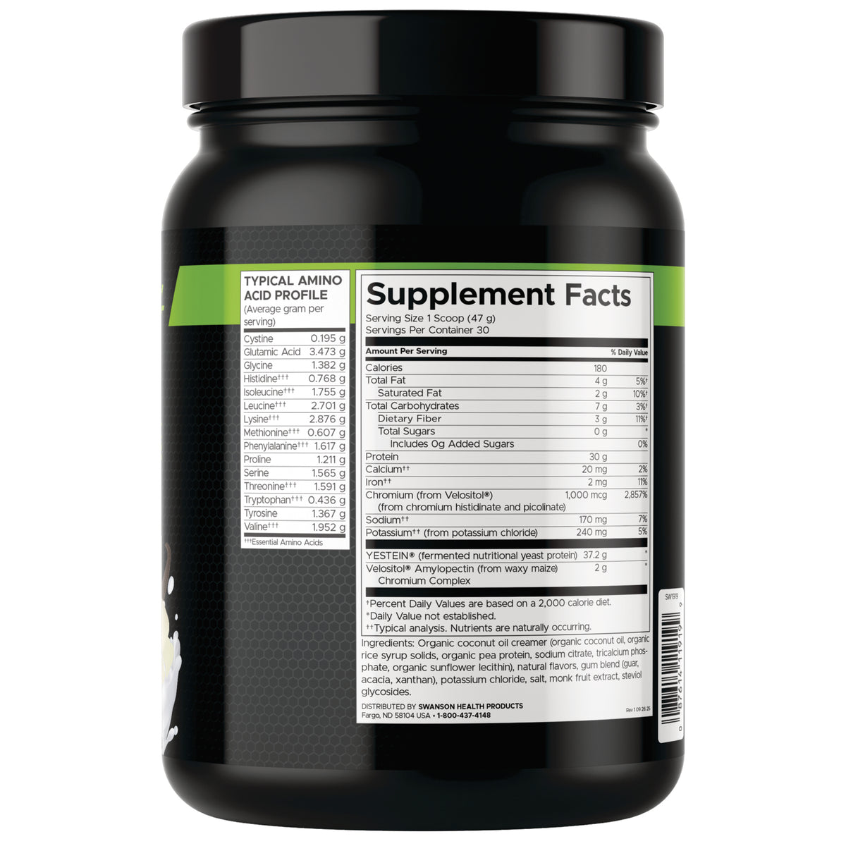 SW1919 | Back label showing Supplement Facts panel and ingredient list on black supplement tub