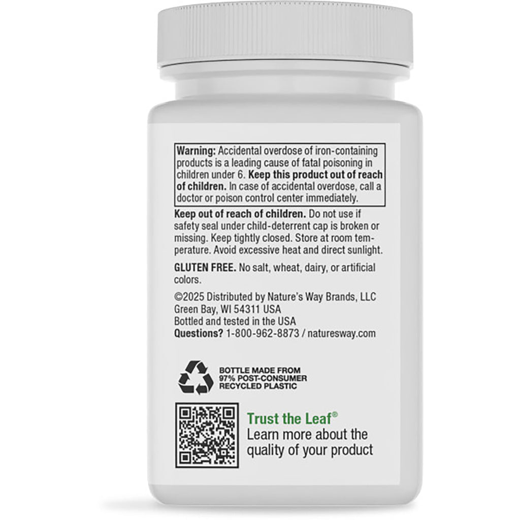 Brown supplement bottle back with green label reading nutrients to support healthy red blood cell production, barcode, and recycling symbol - Thumbnail