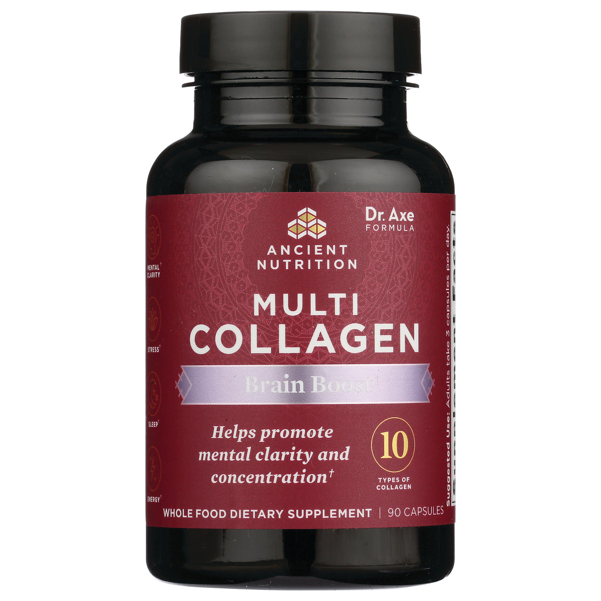ATN092 | Ancient Nutrition Multi Collagen Brain Boost supplement bottle with maroon label, 90 capsules