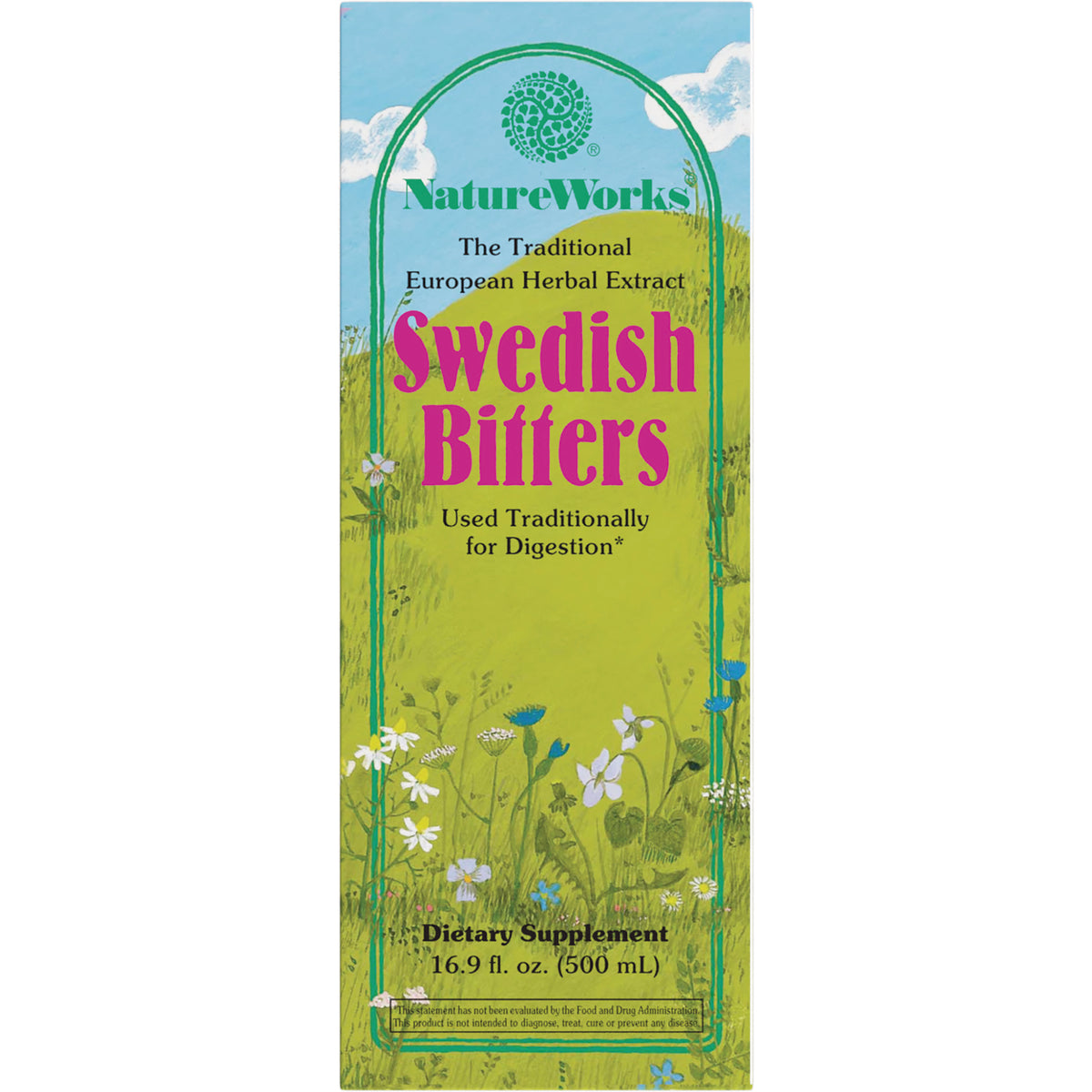 NR003 | NatureWorks Swedish Bitters front panel with green meadow illustration, dietary supplement 16.9 fl oz