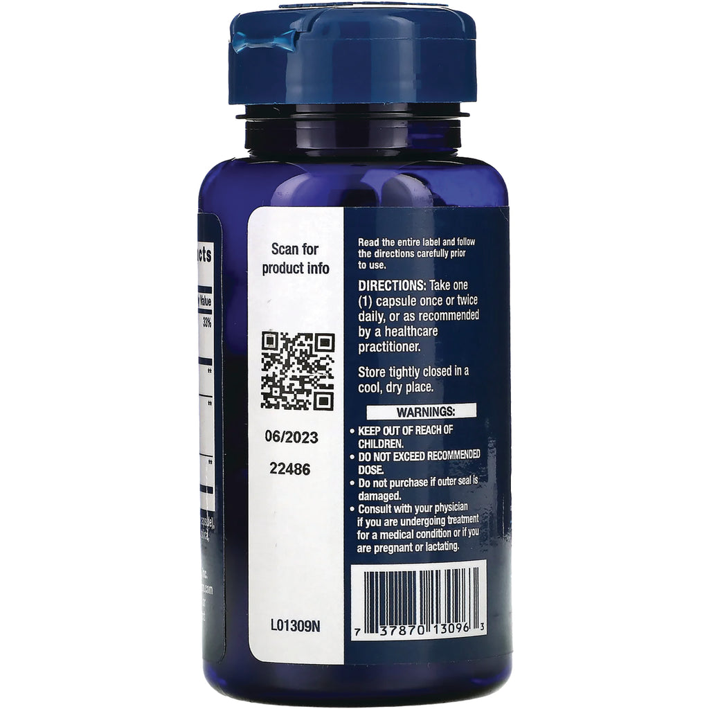 LE014 | Back label of blue supplement bottle showing directions, warnings, QR code, barcode, and lot number - Thumbnail