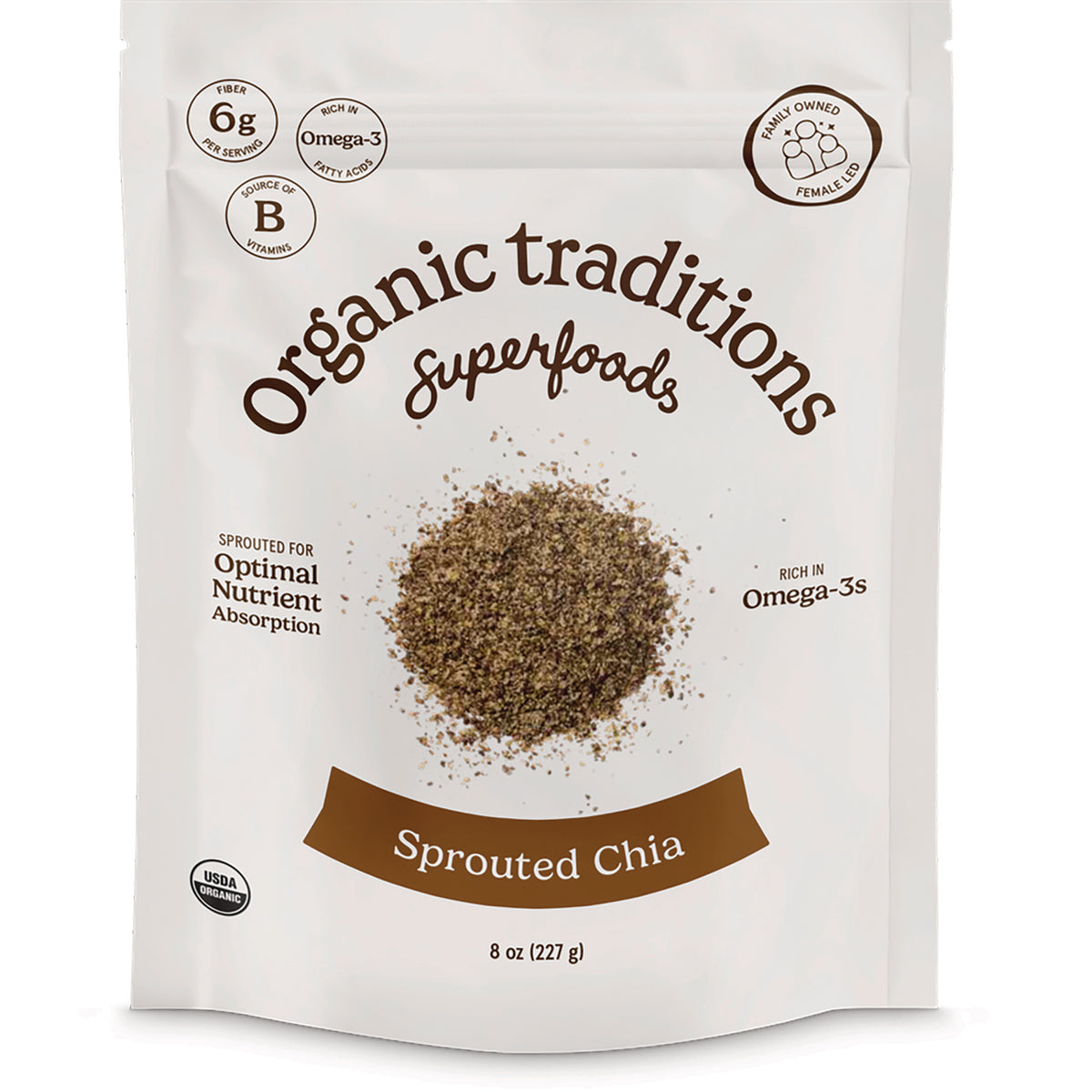 OTR073 | Front pouch of Organic traditions Superfoods Sprouted Chia with chia seed pile and 8 oz (227 g)