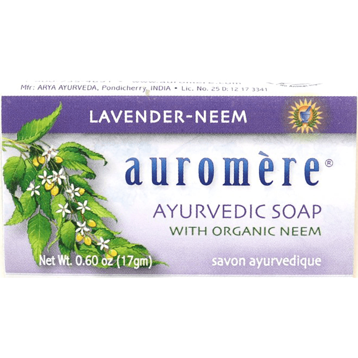AUR031 | Auromre Lavender-Neem Ayurvedic soap label with organic neem, Net Wt 0.60 oz (17gm)