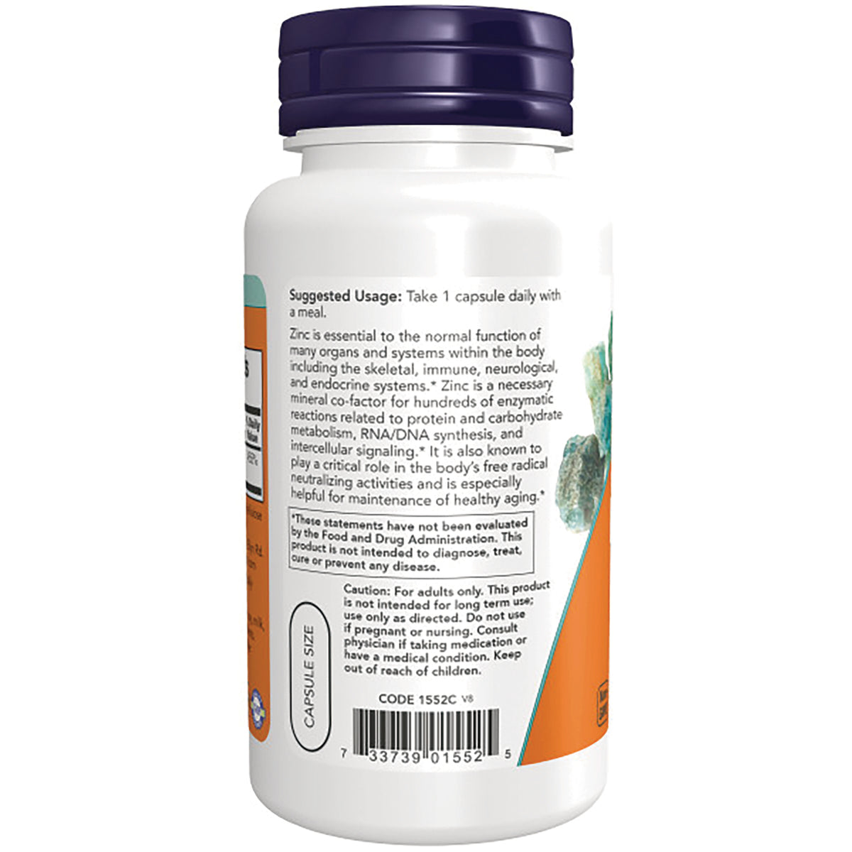 NWF1121 | back of white supplement bottle showing suggested usage, caution text and barcode