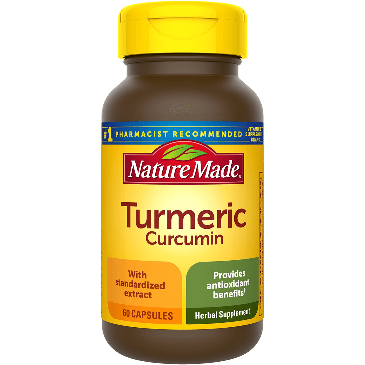 NTM097 | Nature Made Turmeric Curcumin herbal supplement bottle, 60 capsules, yellow label