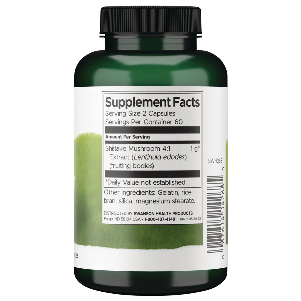 SWH268 | Supplement Facts panel: serving size 2 capsules, 1 g shiitake mushroom extract - Thumbnail