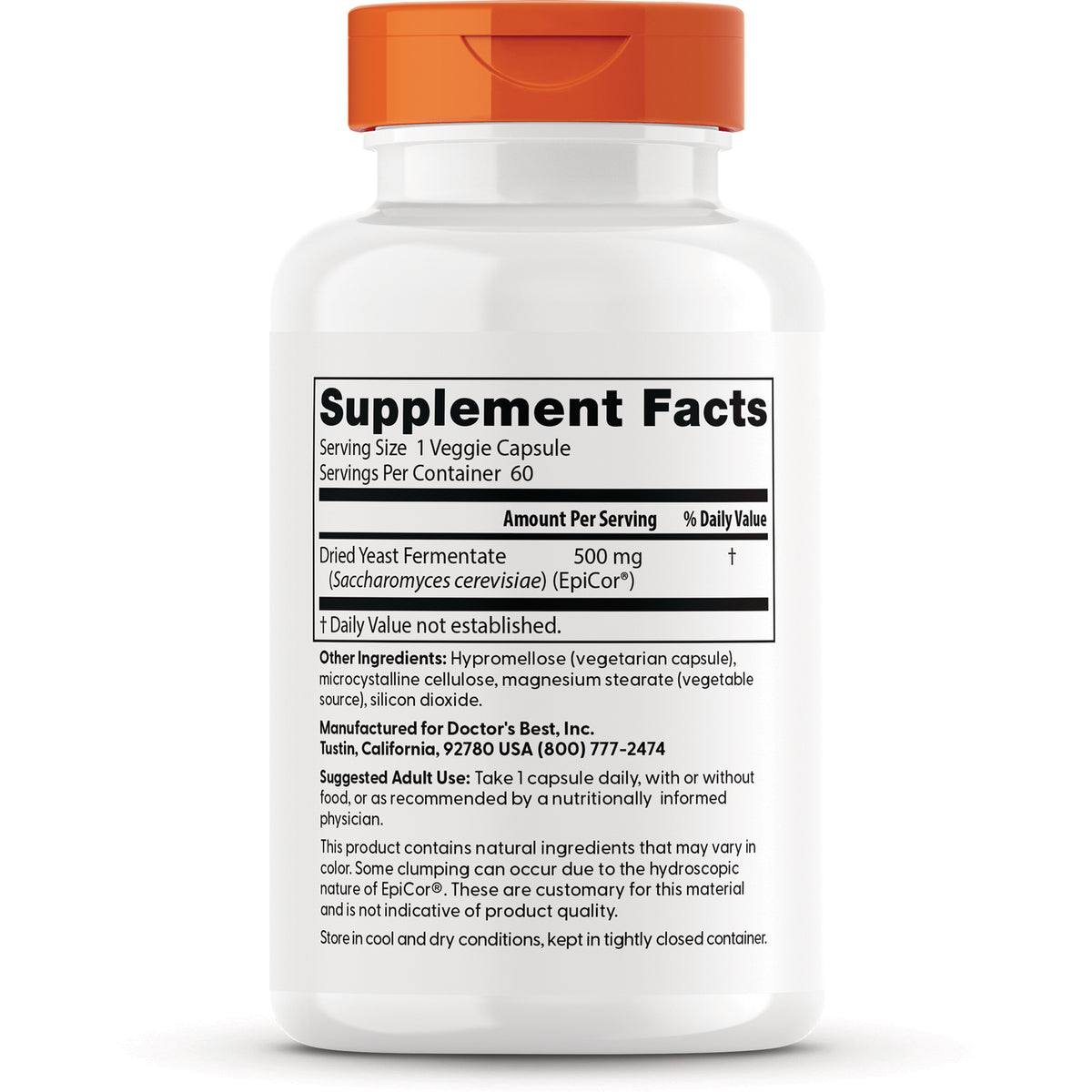 DB107 | back of white supplement bottle showing Supplement Facts panel, serving size, ingredients, and manufacturer info