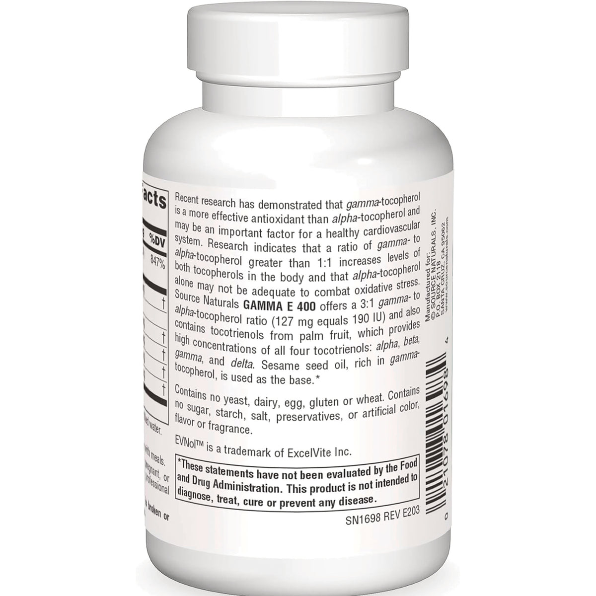 SN292 | Back label with supplement facts, gamma E 400 description, ingredients, and barcode