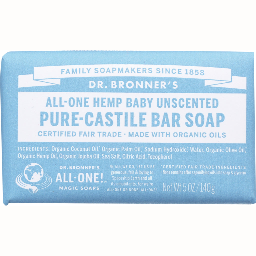 DRB018 | Dr. Bronner's All-One Hemp Baby unscented pure-castile bar soap blue wrapper showing front label and ingredients - Thumbnail